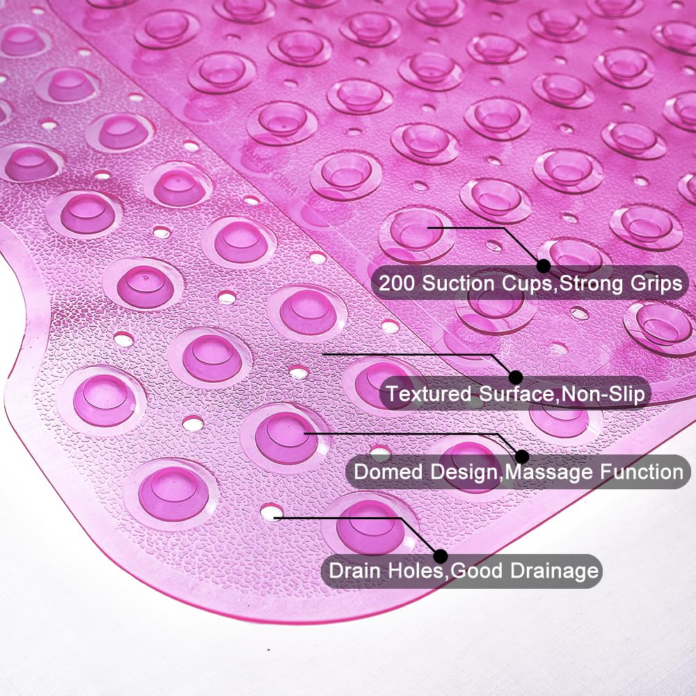 TreeBud Bathtub Mats for Shower Tub Non-Slip Bath Mat 39 x 16 Inch Extra Long Shower Mat, Bath Tub Mat for Bathroom with Machine Washable, BPA Free for Kids (Clear Hot Pink)