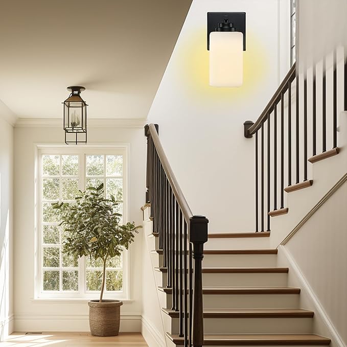 Wall Sconces with Switch Set of Two, Bedside Wall Lamps for Bedroom, Modern Bathroom Light Fixtures with Milk Glass Shade, Black Sconces Wall Lights for Hallway, Living Room, Kitchen