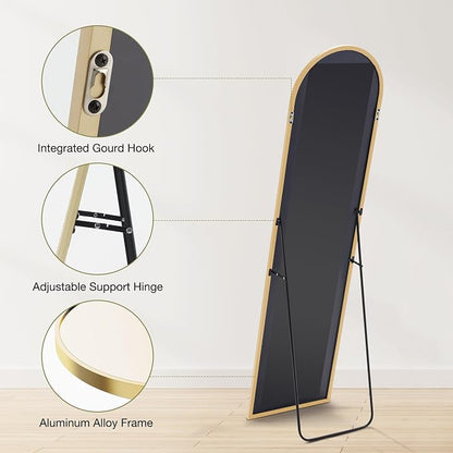 OLIXIS Arched Full Length Mirror 59"x16.3" for Bedroom, Full Body Mirror with Stand, Hanging or Leaning for Wall, Aluminum Alloy Thin Frame Floor Standing for Living Room, Long, Gold