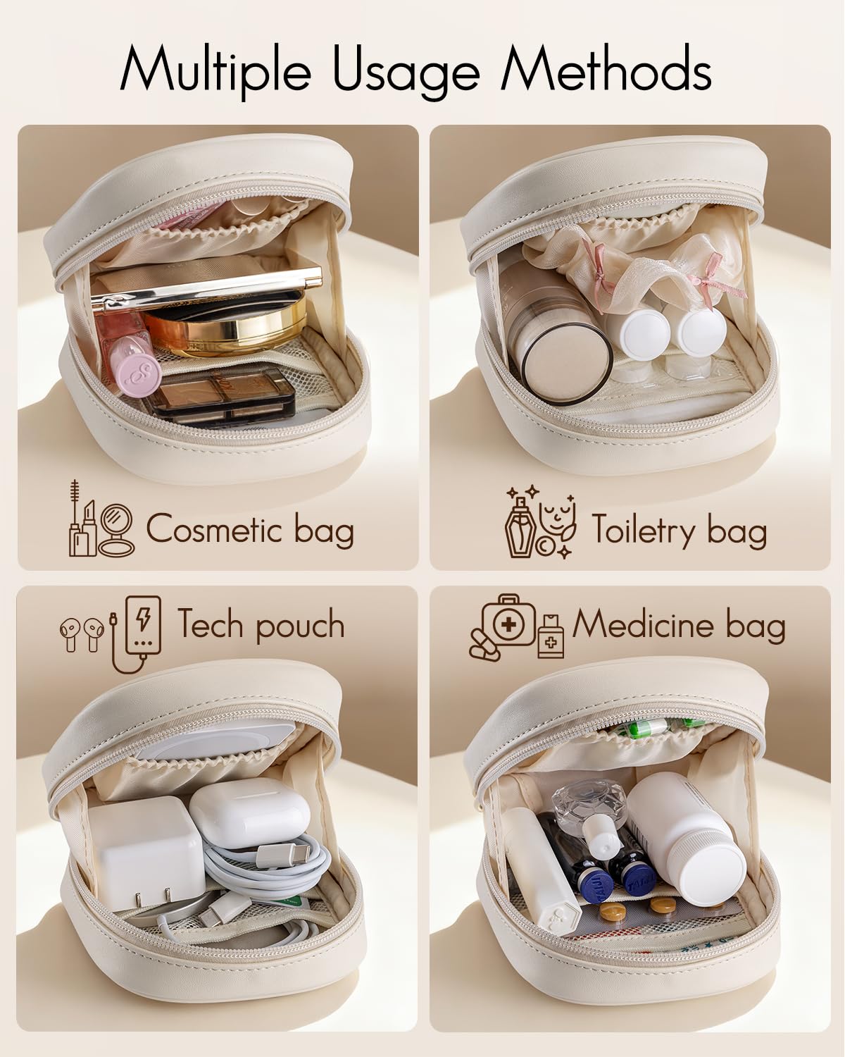 VLANDO Mini Makeup Bag, Small Makeup Bag for Purse with Slip-in Pockets, Portable Travel Toiletry Bag with Zipper, Waterproof Travel Essentials for Women - Cream White