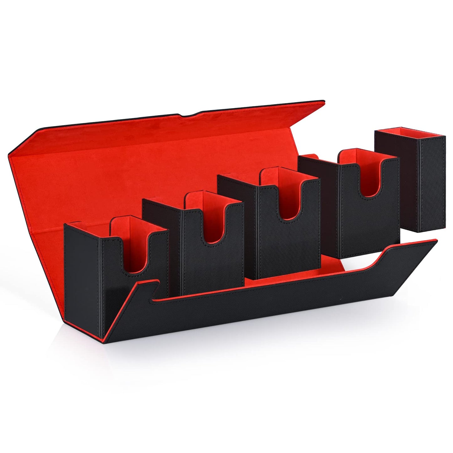 UAONO Card Deck Box with Dice Tray for MTG, 5 in 1 Card Deck Case Holds 800+ Unsleeved Cards, Strong Magnet Organizer Compatible with Yugioh TCG Sports Cards (Black Red)