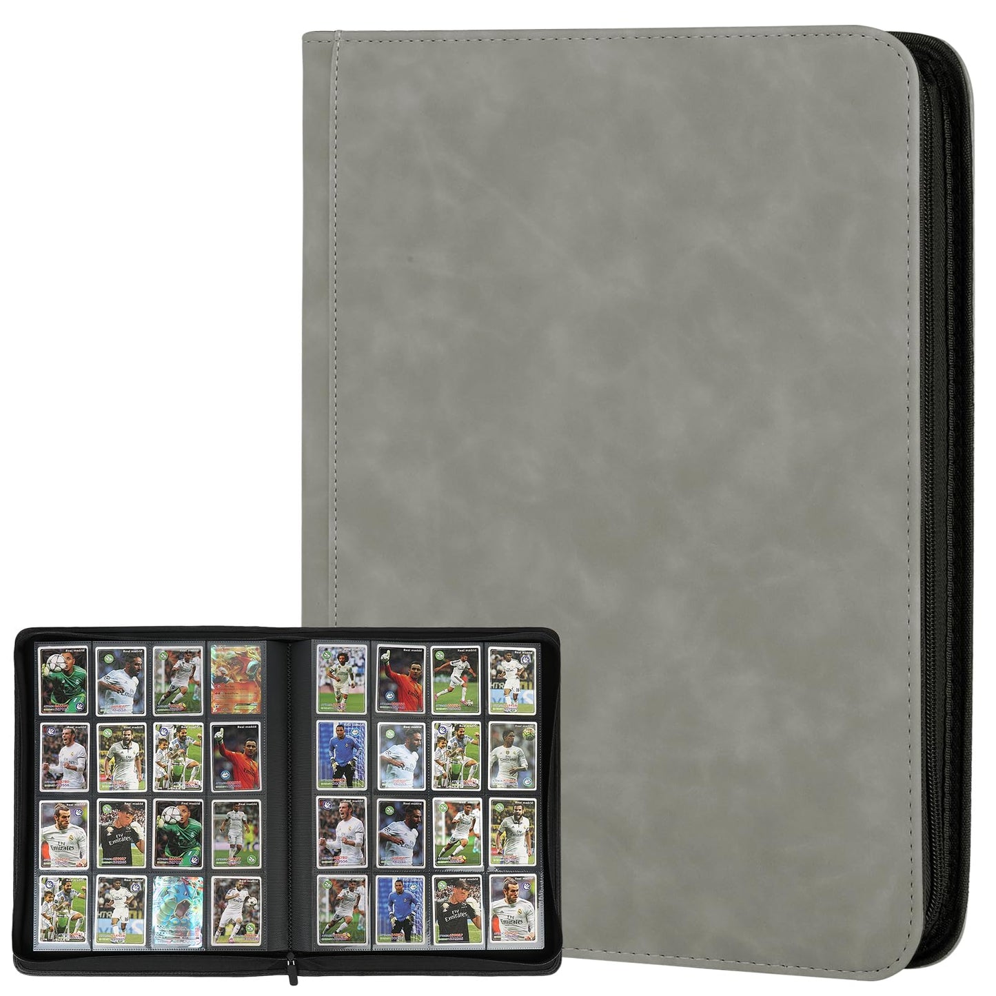 16 Pocket Ringless Side Loading Trading Card Binder, 1024 Cards PU Fixed Page Zipper Card Album for TCG Sports Game Cards, Not Fit Top Loaders (Marble Grey)