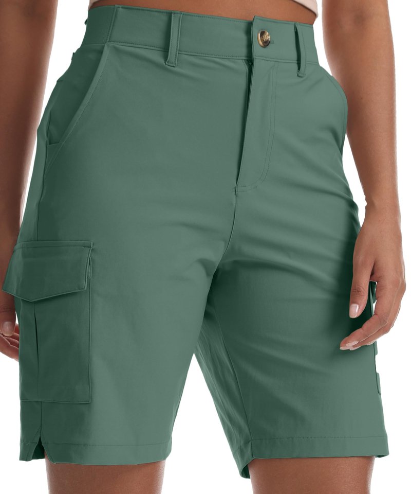 Kcutteyg Women's Lightweight Hiking Cargo Shorts with Pockets-8" Inseam Water Resistant Athletic Shorts for Golf Camping Casual(Grey Green, X-Large)