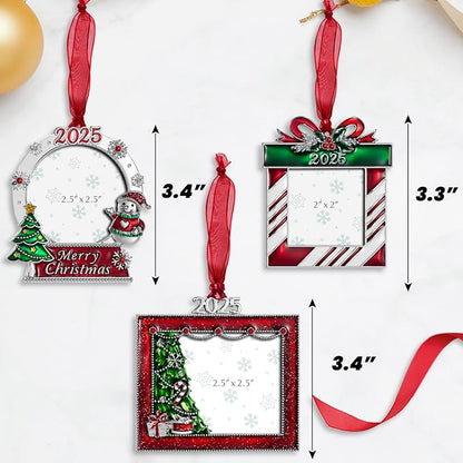2025 Christmas Tree Ornaments Set 3 Pieces Picture Frame Ornament- Made of Zinc Alloy Glitter Powder Pendant 2.5 Inch Picture Frame for Pet and Baby Holiday Keepsake Gift(3 Pieces,2025)