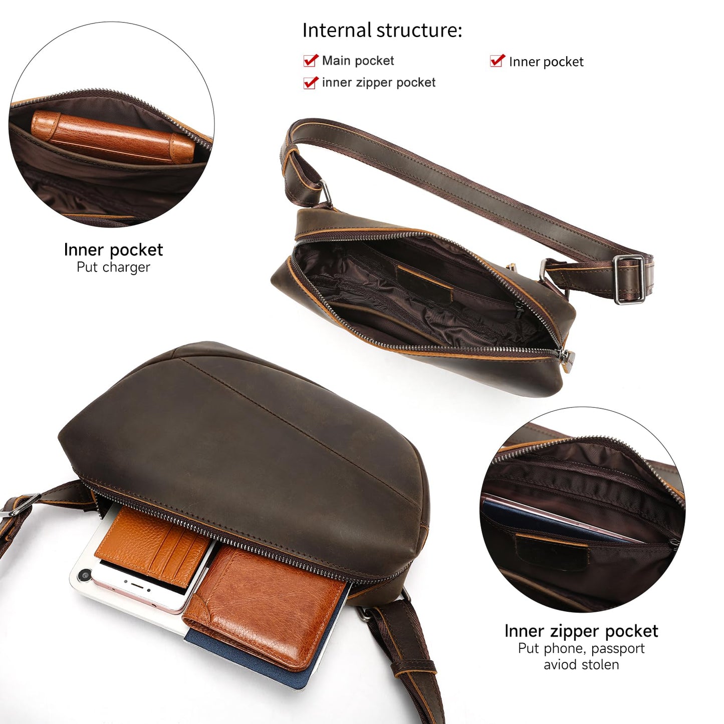 NIUCUNZH Genuine Leather Mens Sling Bag for Women Vintage Small Crossbody Bags Purse for Hiking Travel Chest Daypack (darkbrown)