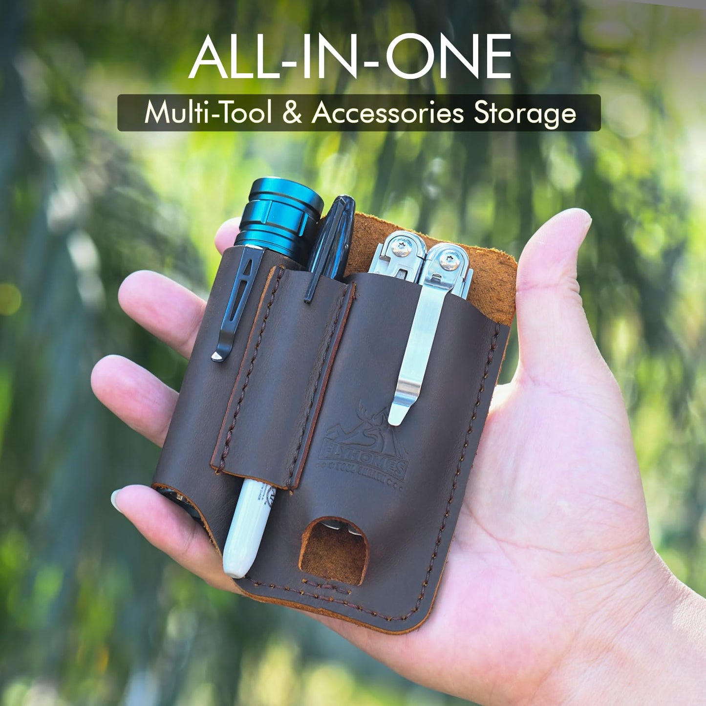 FLYHOMES Genuine Leather Multitool Sheath | Handmade Stitched EDC Belt Organizer for Leatherman Surge & Wave+ | Multi Tool Holster & Pen | Tools Pouch (Dark Brown)