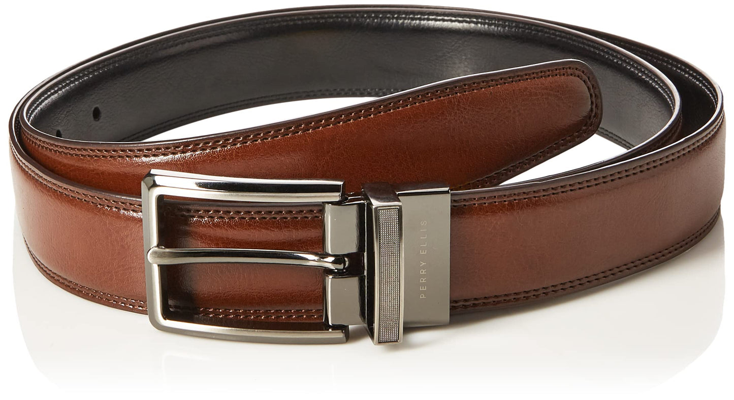 Perry Ellis Men's Portfolio Double Stitched Leather Reversible Belt (Sizes 30-42 Inches), Brown/Black, 32