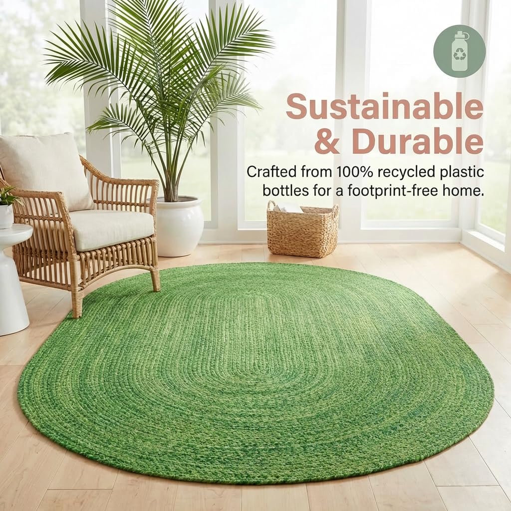 Super Area Rugs Green Braided Rug - Woven Living Room Decor -5x8ft Eco-Friendly Farmhouse Bedroom Woven Construction