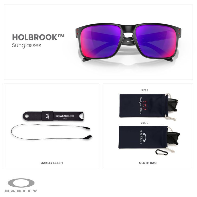 OAKLEY Holbrook OO9102 910236 Square Sunglasses For Men Matte Black/Positive Red Iridium, 55MM+ Bundle Accessory Leash Kit, Microfiber Pouch
