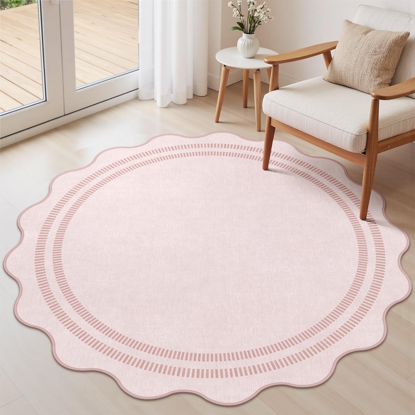 LORWER Washable 5ft Area Rugs for Living Room, Solid Pink Non Slip Rugs for Bedroom Girls, Stain Resistant Scalloped Soft Carpet for Nursery Dorm Dining Room