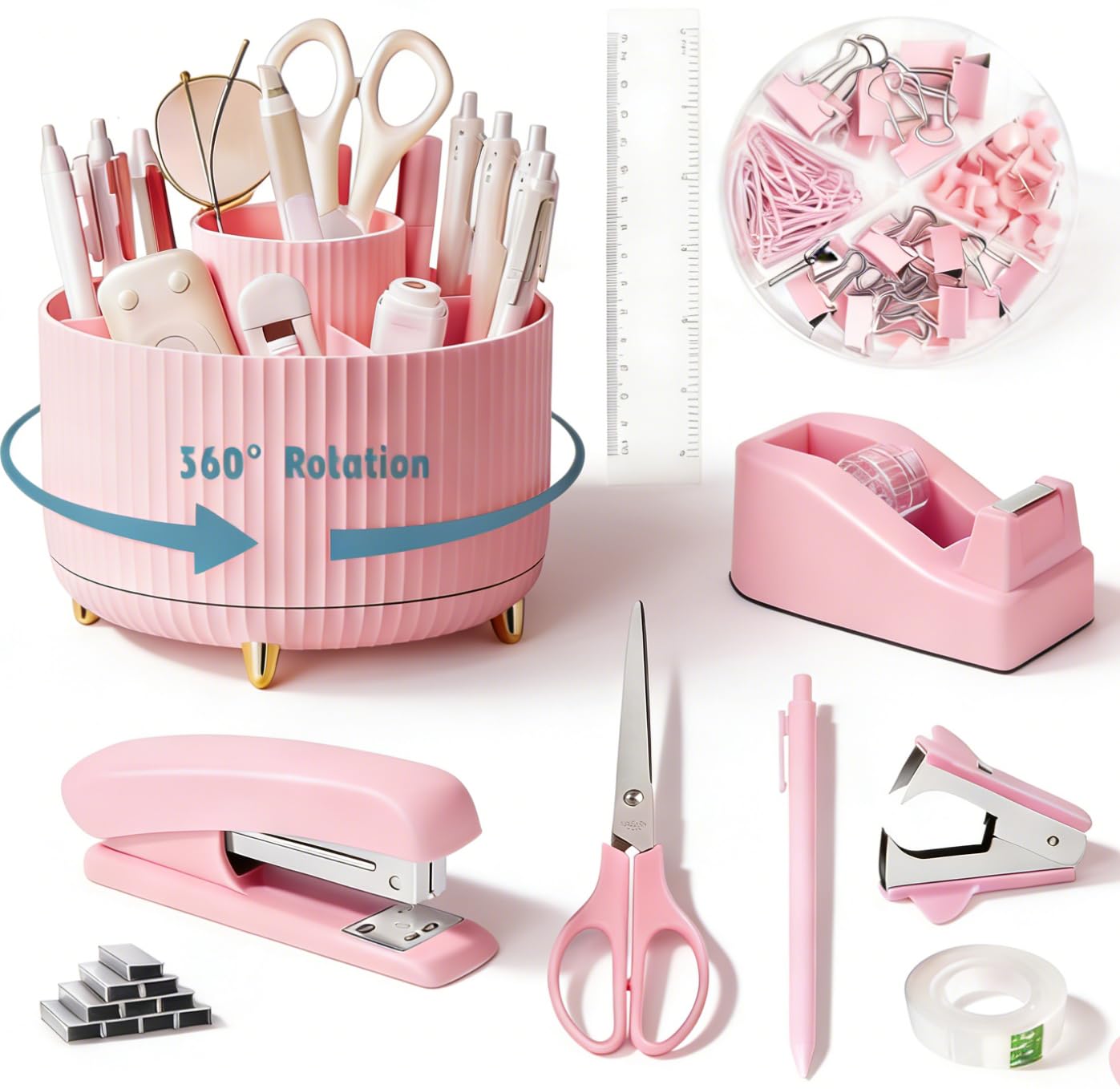 Gawsey Pink Desk Organizers and Accessories Set with 360-Degree Rotating Pen Holder, Tape Dispenser, Stapler, Staple Remover, 1000 Staples, Tape, Clips Set, Ruler, Scissor, Pen