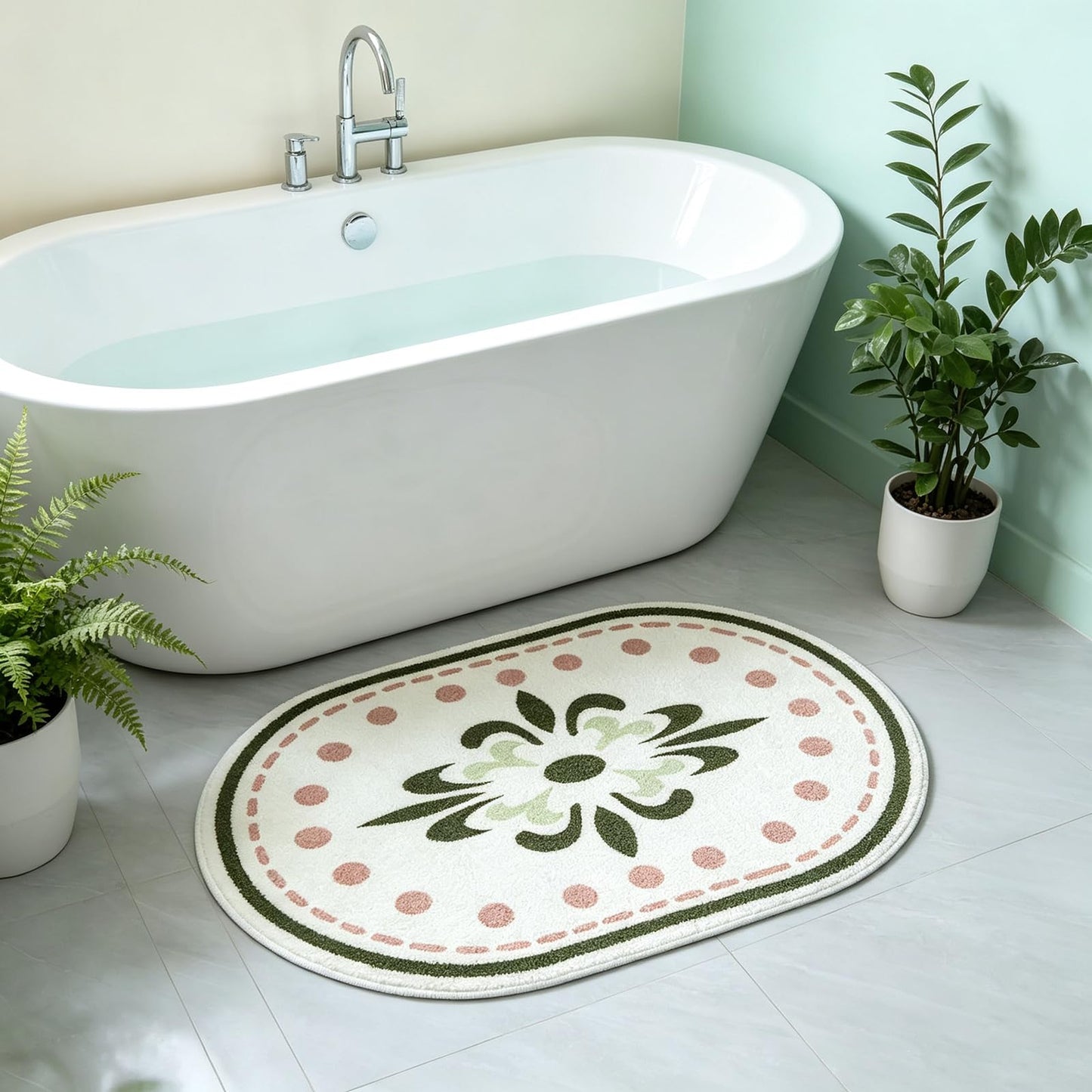 White Bathroom Rugs Soft Cute Bath Mat for Bath Floor 20x32inch, Machine Washable Non-Slip Bath Mats for Shower Toilet Tub, Kid’s Bathroom Decor Plush Carpet (Green Floral)