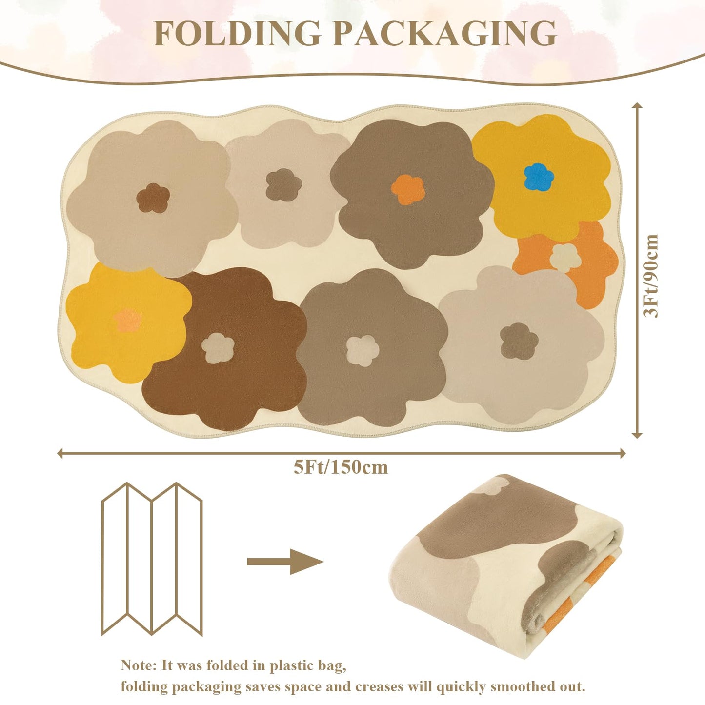 Floral Cute Rug 3x5 Irregular Scalloped Rug Beige Flower Shaped Indoor Mat Bedroom Floor Carpet Non Slip Washable Area Rug for Kids Room Playroom Living Room Entryway