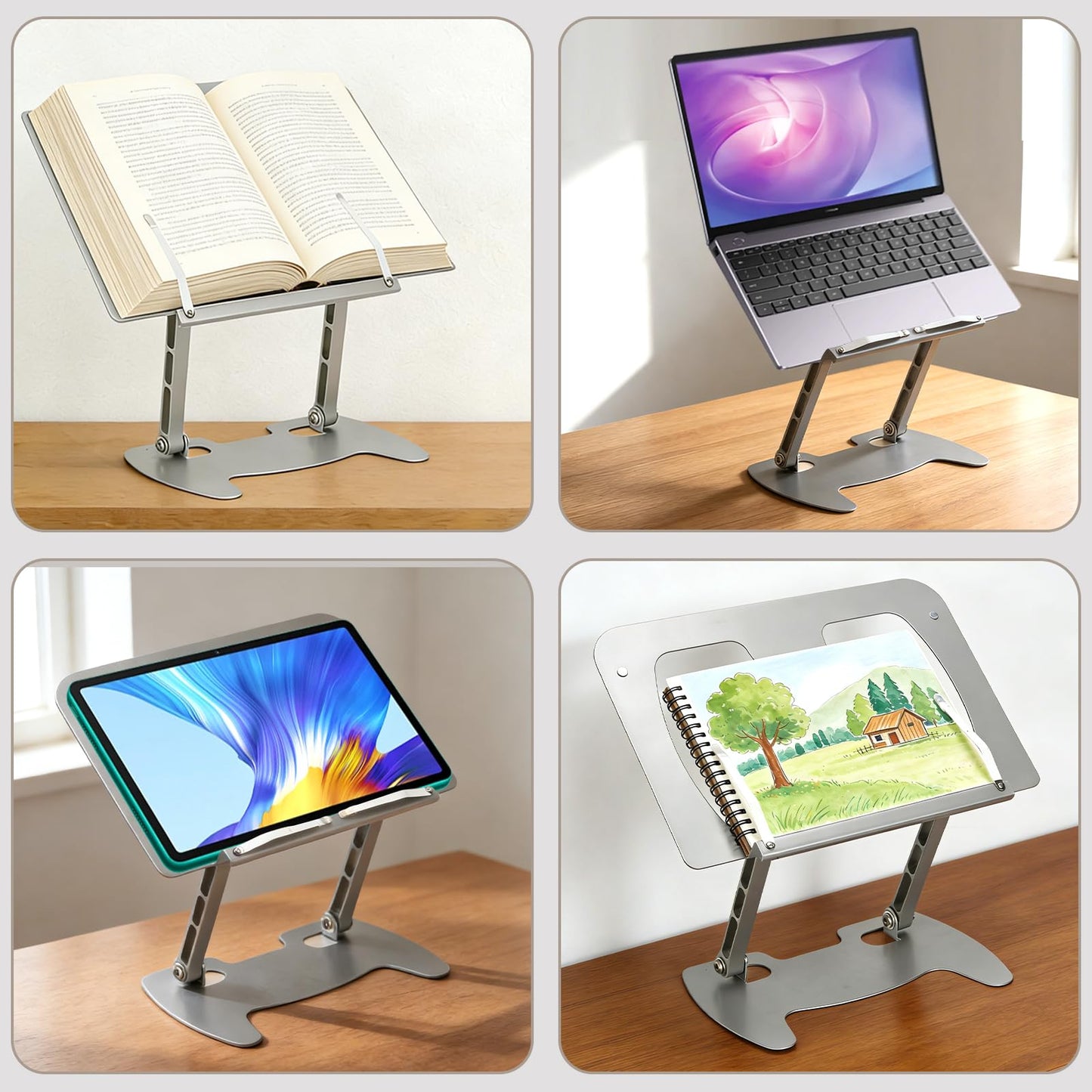 Book Stand for Reading, Adjustable Metal Laptop Stand for Desk Foldable Laptop Riser Holder Desktop Book Stand Multifunctional Display Stand for Recipe, Book, Tablet, Laptop, Notebook (Silver)