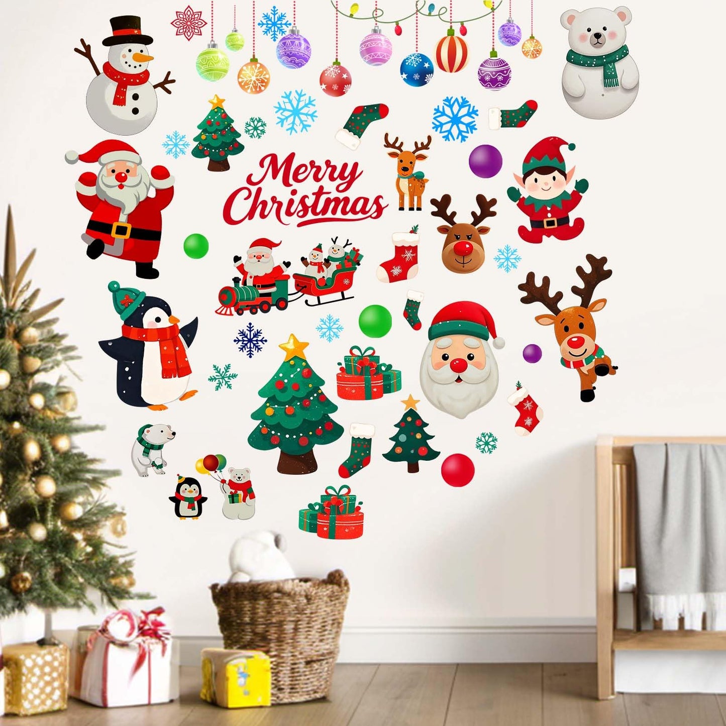 Christmas Santa Wall Decals for Kids: Festive Holiday Chrismas Tree Wall Stickers for Indoor Home Decor - Living Room Kids Room Windows Door - Easy Peel and Stick Family Activity
