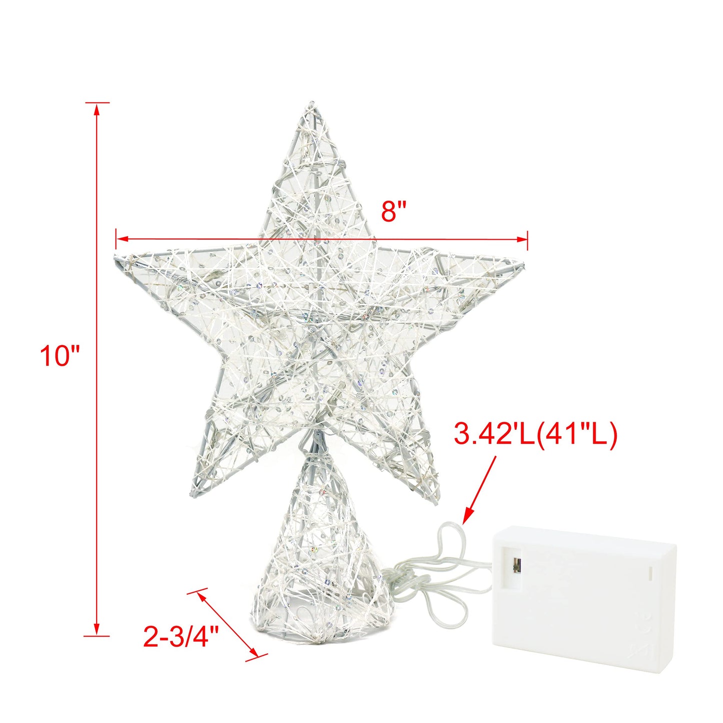 CVHOMEDECO. White Tree Top Star with Warm White LED Lights and Timer for Christmas Ornaments and Holiday Seasonal Décor, 8 x 10 Inch