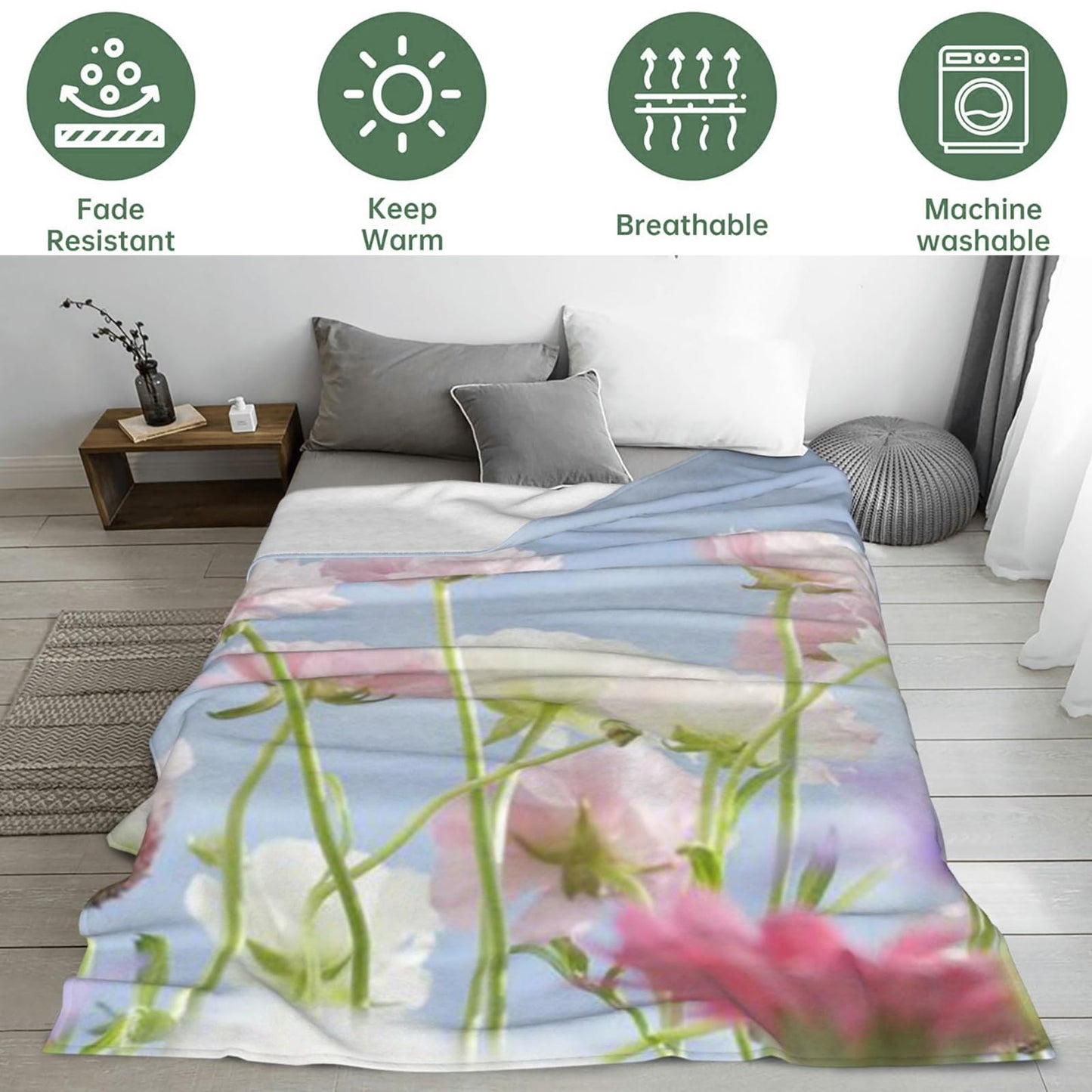 Bidesk Rose Floral Theme Blanket Soft Flannel Throw Blanket, Cozy & Warm Yet Lightweight Blankets for Travel, Couch, Bed, for Men Women Adults, Fuzzy Outdoor Comfort Wrap 60"×50"