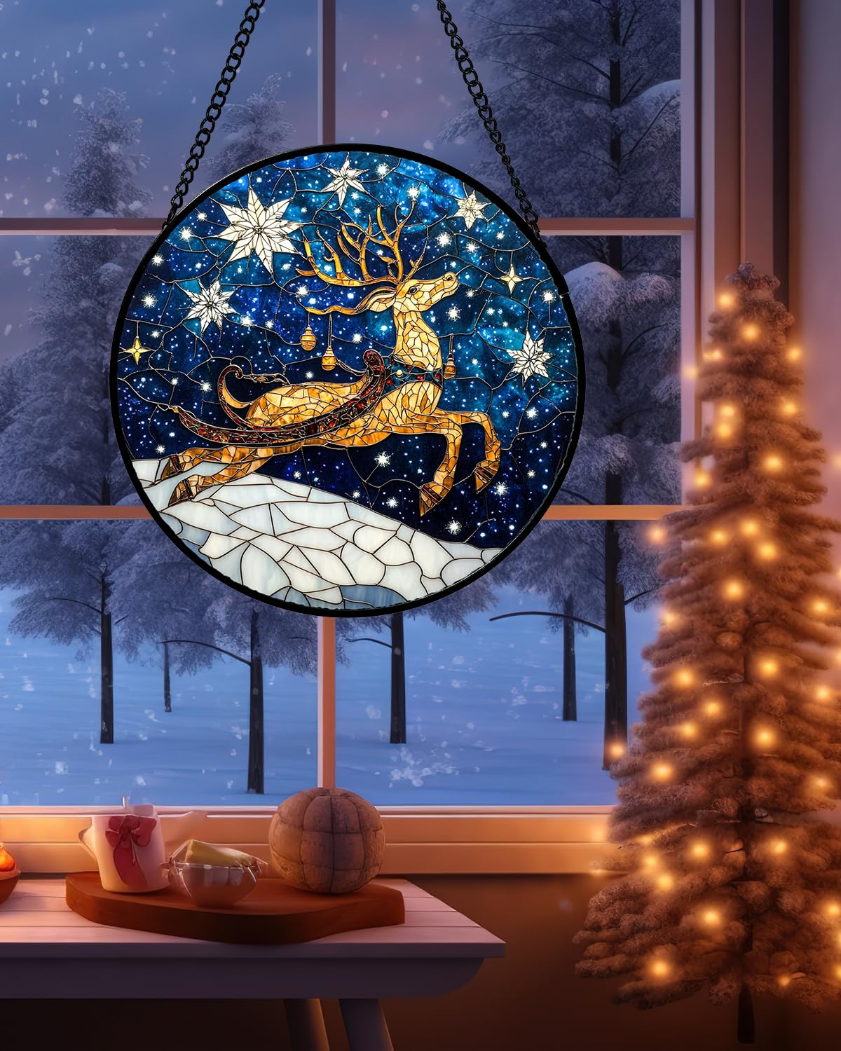 HWRHTR Stained Glass Window Hanging - Reindeer Blue Starry Sky Suncatcher for Doors Home Christmas Decoration Winter Sun Catcher Thanksgiving New Year Birthday Gifts for Women Men Mom Nana 7.8 in