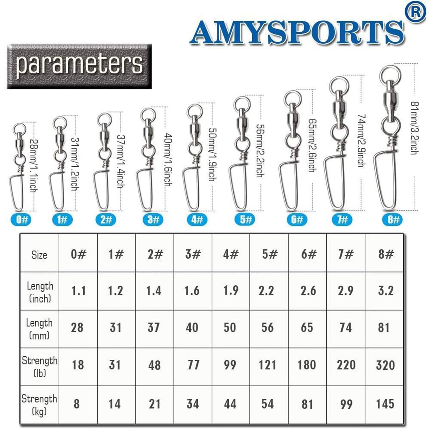 AMYSPORTS High Strength Stainless Fishing Swivels - Ball Bearing Saltwater Corrosion Resistance Barrel Swivels, 50pcs, 220lbs