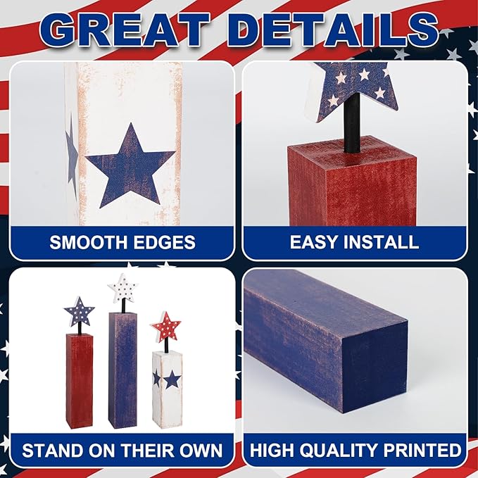 COCHIE 4th of July Decorations Set, Red White Blue Decor, Wooden Patriotic Memorial Day Tiered Tray Decor, Labor Day Decorations, Fourth of July Decoration for Home Office Table (Solid Retro)