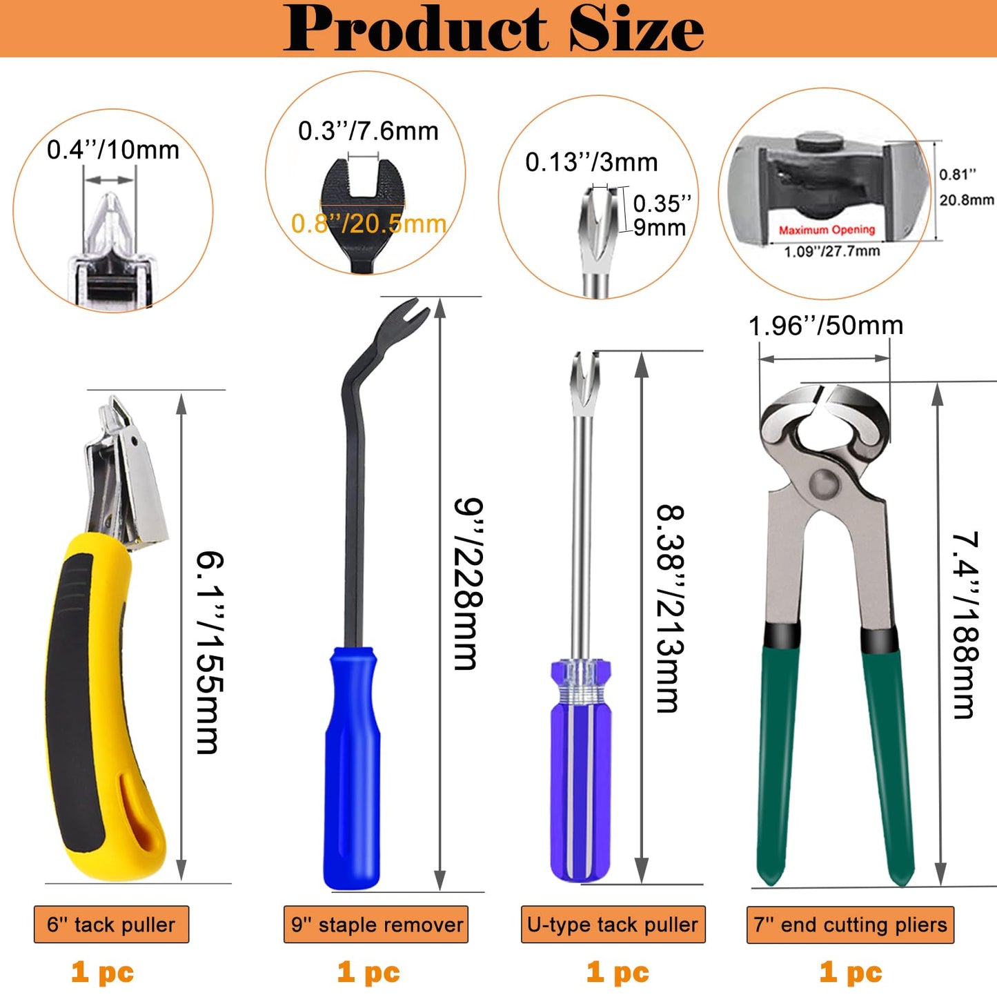 Sunxeke 4Pcs Upholstery Staple Remover Tool Set Including 7inch End Cutting Plier,V Tip Tack Puller,U Tip Tack Puller,Staple Remover,Nail Puller Carpet Remover for Furniture Floor Photo Frame