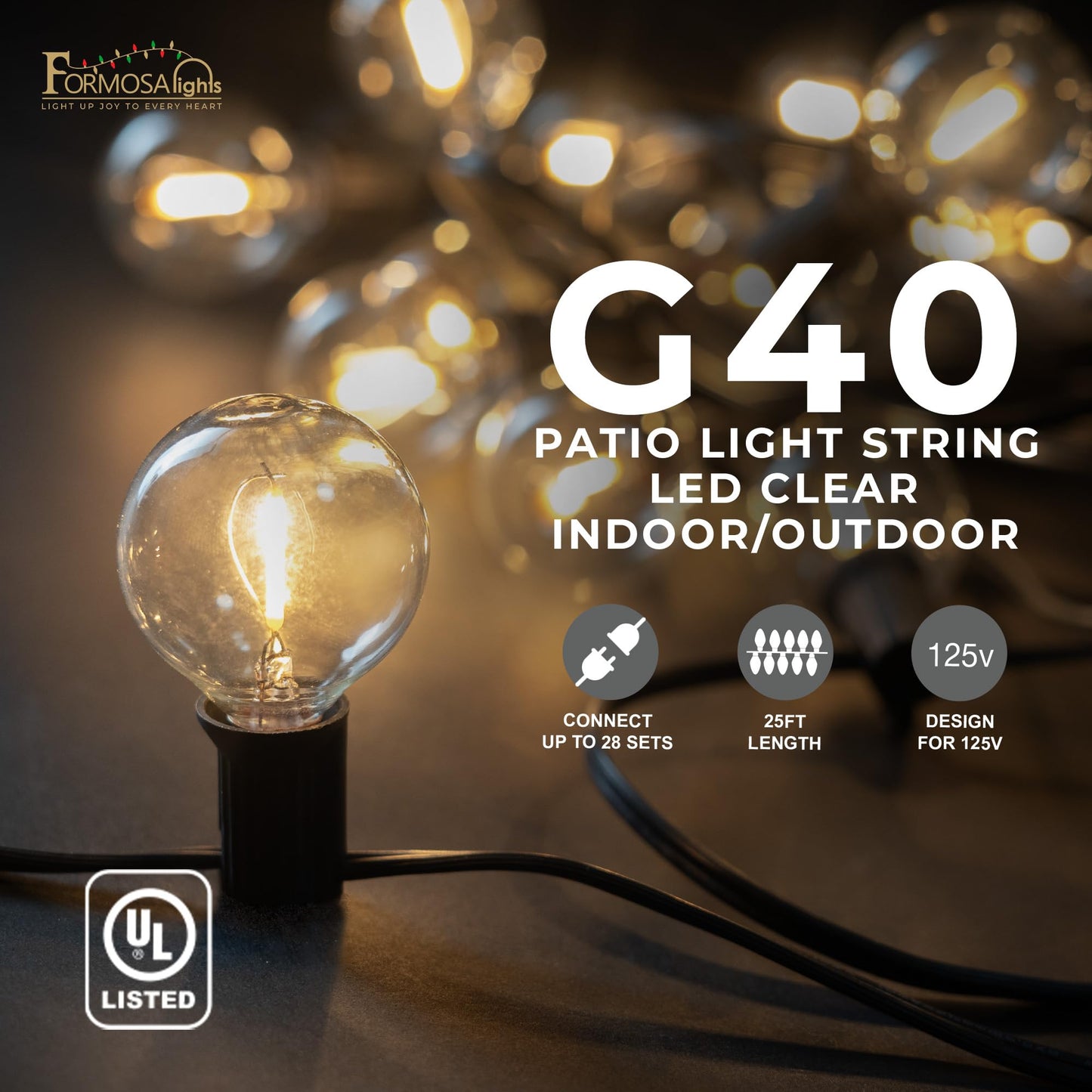 Formosa 26ft Clear Incandescent Christmas String Lights, Indoor G40 Shatterproof Bulbs, 25 Retro Globe Edison Bulbs, Indoor Hanging Lights for Bedroom & Living Room Decor