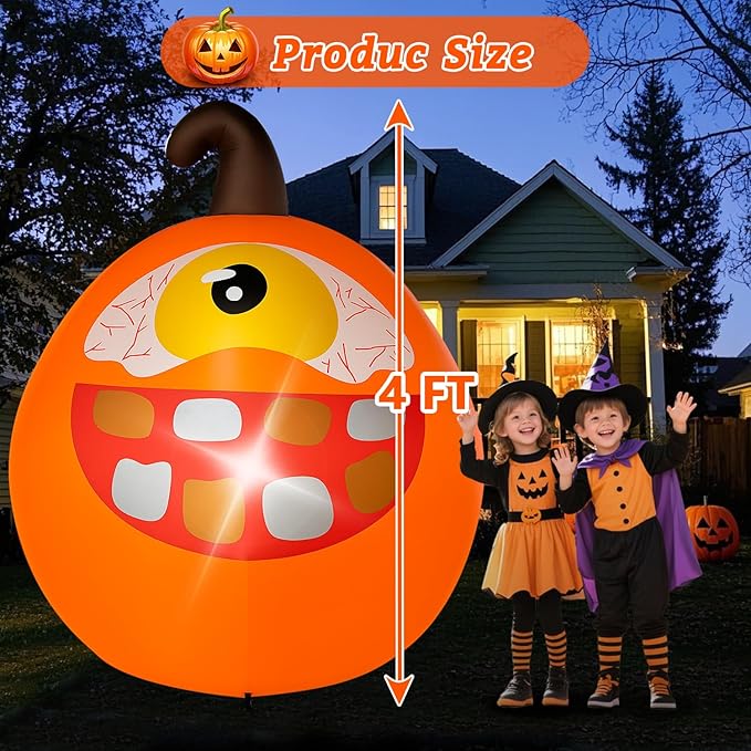 Halloween Inflatables Pumpkin Decorations Outdoor - 4 FT Inflatable Pumpkins for Yard Blow up Cute Blow up with LED Build-in for Garden Lawn Indoor Party Decor