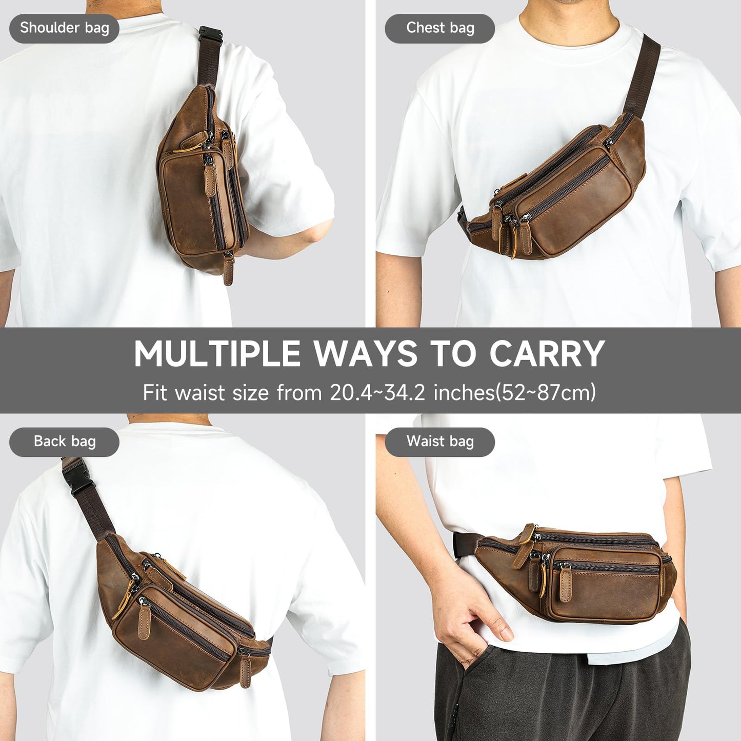 Crazy Horse Leather Mens Fanny Pack for Women Belt Bag Purse Running Waist Pack for Phone Bum Hip Bags Shoulder Crossbody Bags