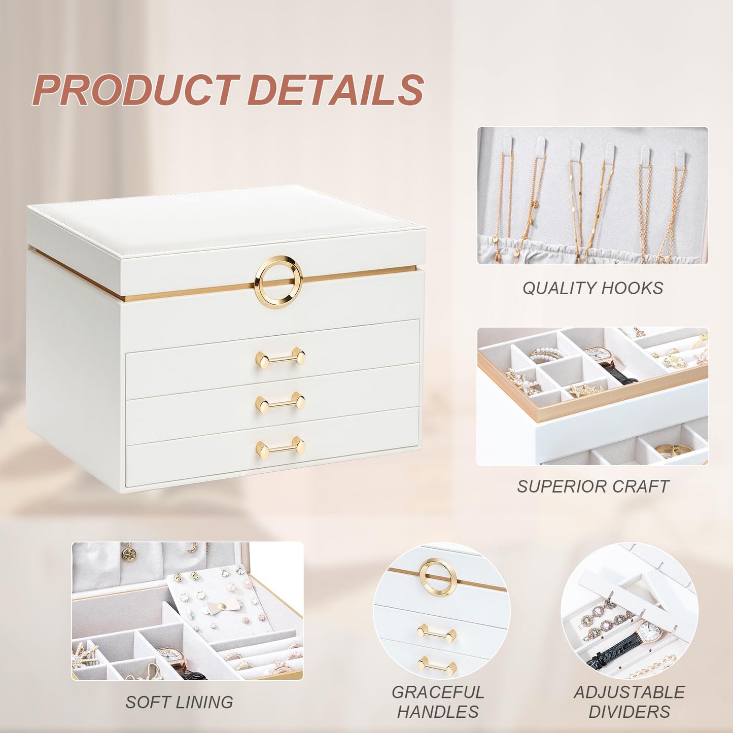 V-LAFUYLIFE Jewelry Box for Women,4-Layer Leather Jewelry Holder Organizer with 3 Drawers Large Jewelry Storage Boxes, Lots of Storage Space For Ring,Necklace,Bracelets,Earring（White）