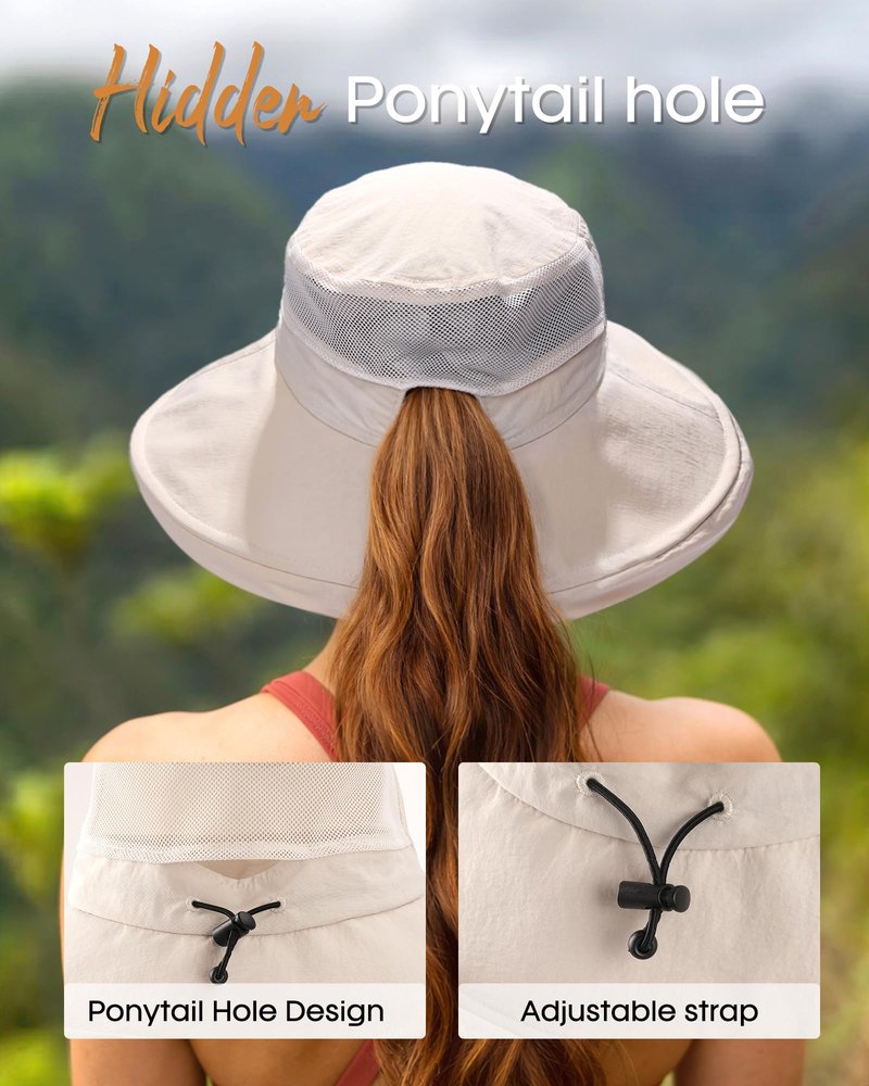 FURTALK Wide Brim Sun Hat with Ponytail Hole for Women UPF 80+ UV Protection Packable Bucket Hiking Travel Outdoor Hat Beige