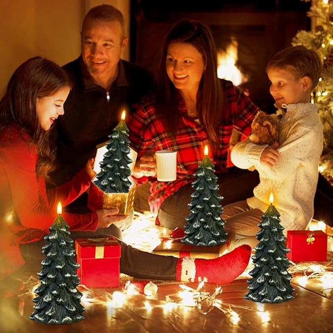 Christmas Tree Shaped Flickering Flameless Candles, Green Real Wax Battery Operated LED Candles with Timer for Christmas Home Party Decoration Christmas Gift Set of 2