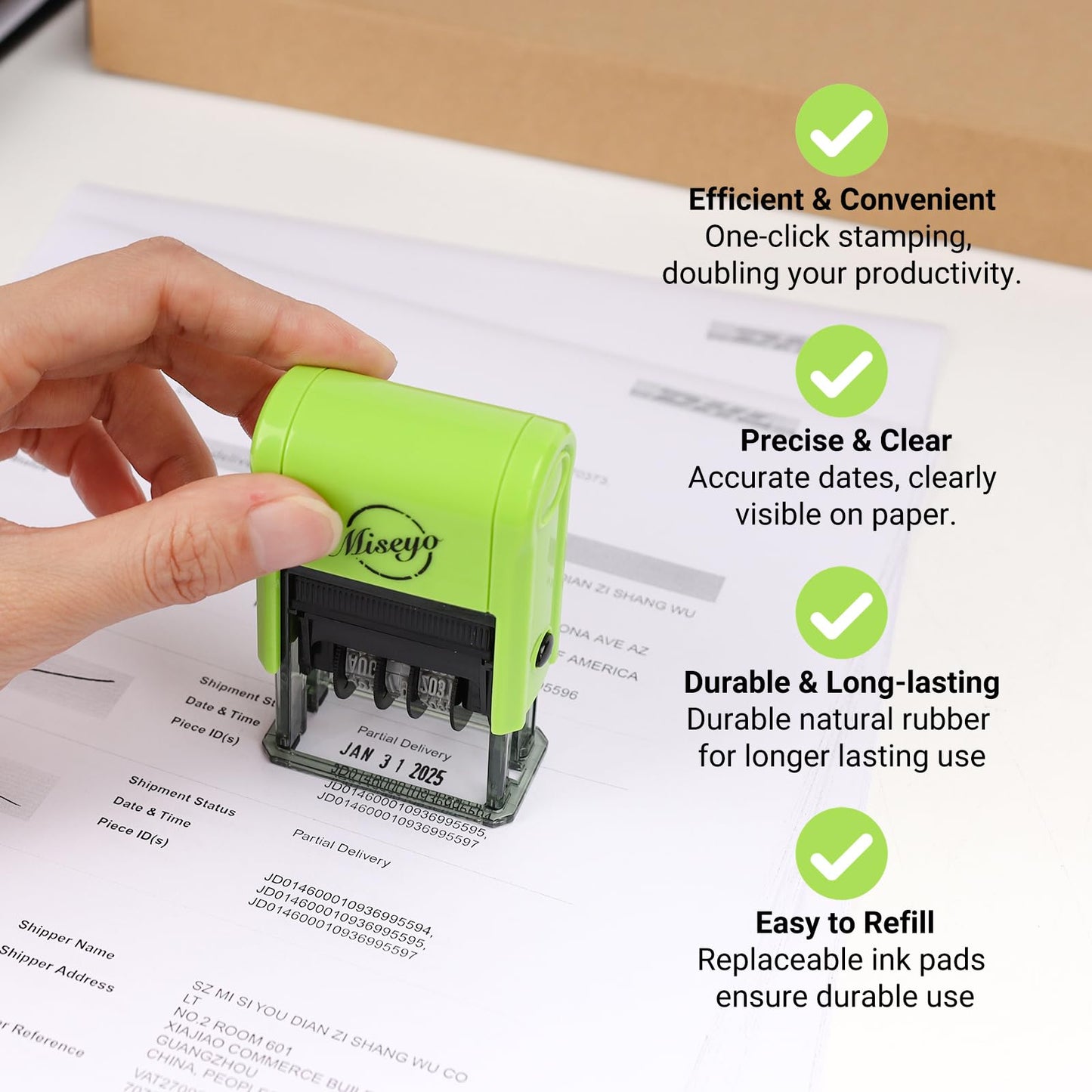 Miseyo Self Inking Date Stamp - Green (2 Black Refill Ink pad Included)