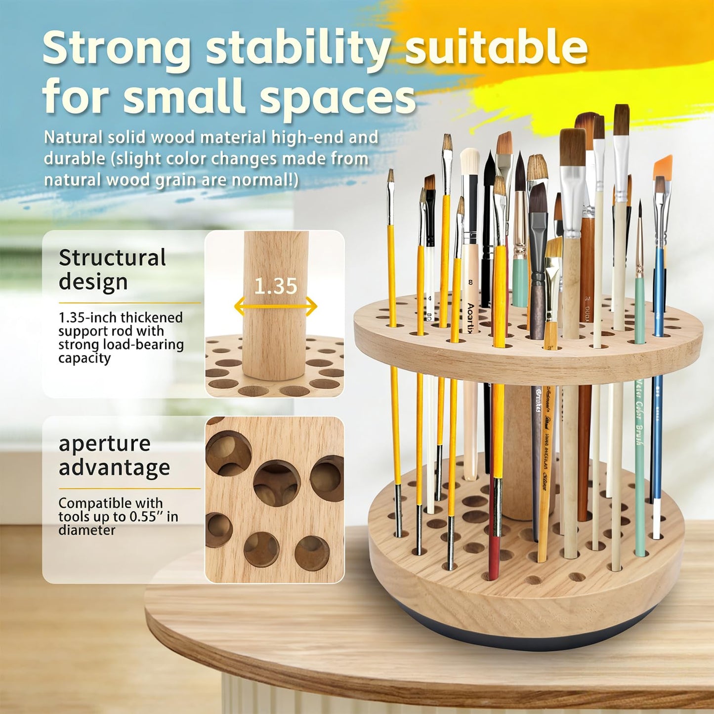 Natural Solid Hardwood Paint Brush Organizer – 360° Smooth Rotating, 52-Hole Vertical Storage Rack, Compact Desktop Holder for Cosmetic Brushes, Craft Supplies & Calligraphy Pens