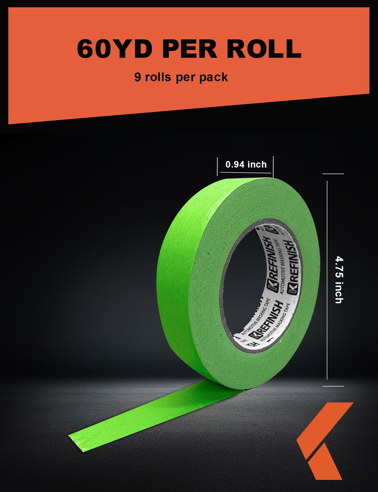 KREFINISH Painters Tape for Car Paint Green No Residue Automotive Masking Tape for Automotive Paint - Heat Resistant for Paint Booth, 1.41 Inches x 60 Yards, 9 Rolls