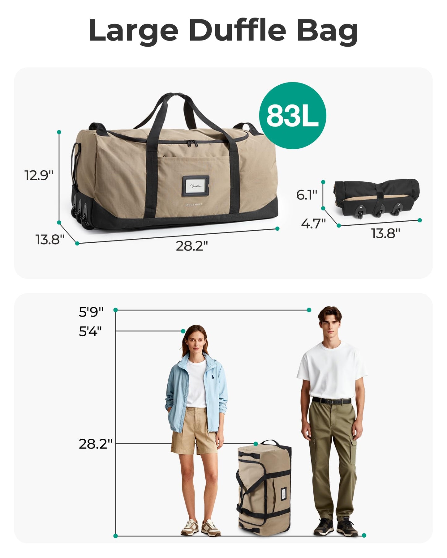 BAGSMART 83L Foldable Travel Bag, Large Duffle Bag for Travel, Weekender Duffel Luggage Bag for Sport College Camping, Water Resistant, Brown