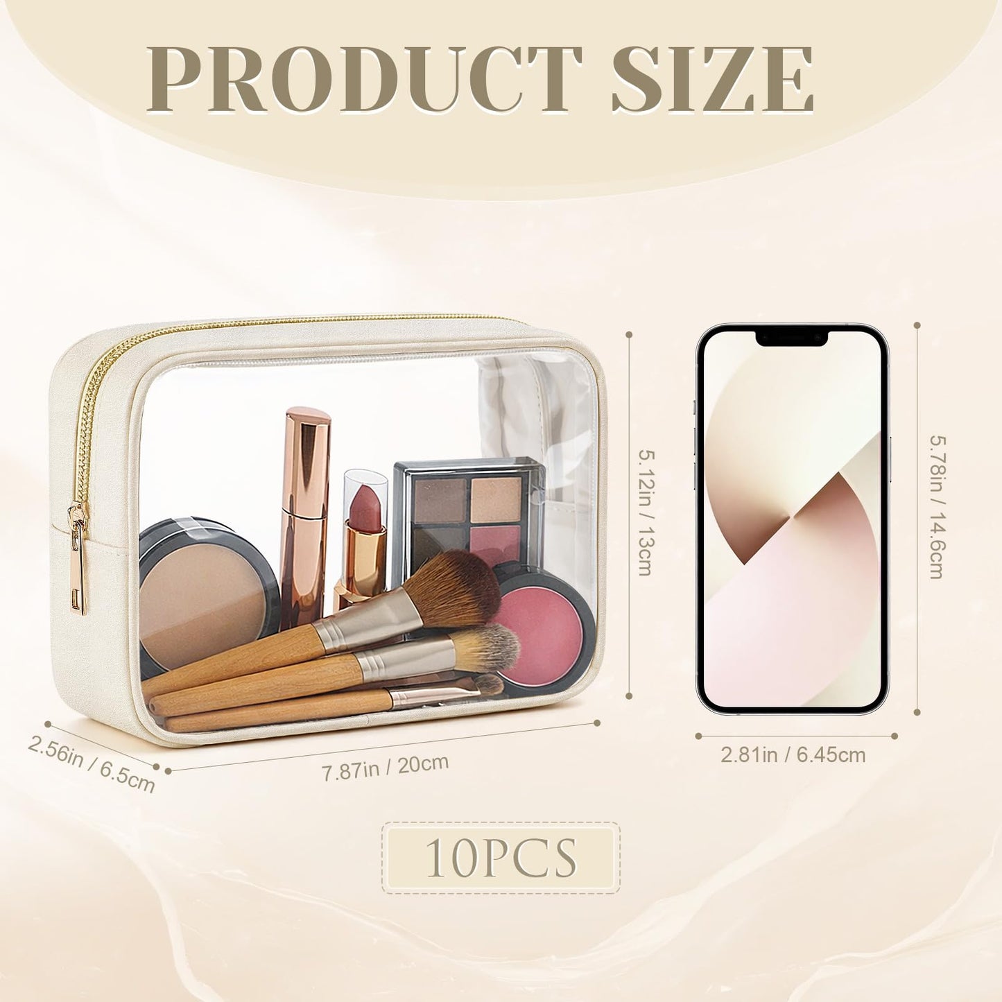 Abbylike 10 Pcs Clear Makeup Bags Bulk PU Leather Portable Travel Cosmetic Case Small Toiletry Bag with Zipper Car Console Organizer Waterproof Pouch for Women Birthday Gifts (Light Beige)