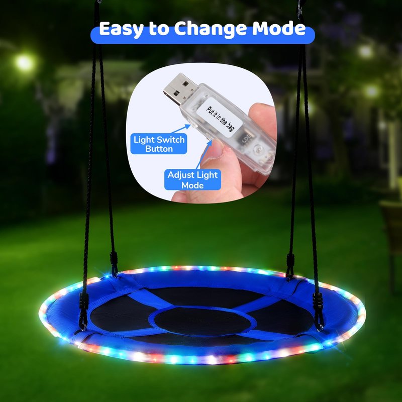 Trekassy 700lbs 40” Saucer Tree Swing with LED Lights for Kids Adults Outdoor 2 Tree Hanging Straps-Blue
