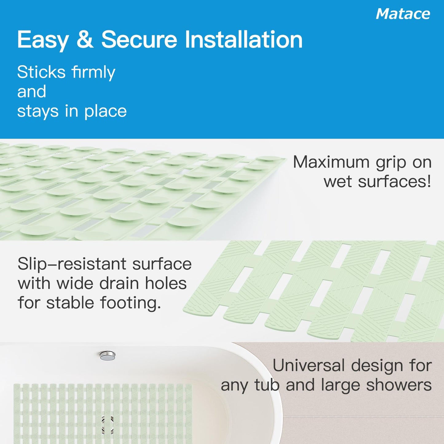 Bathtub Mat Non Slip - for Inside Bath Tub & Shower, Small 27x16 Inch, 180 Strong Suction Cups, Soft Textured Surface, Fast Drain & Quick Dry, Bathroom Safety Mat, Sage Green, Matace