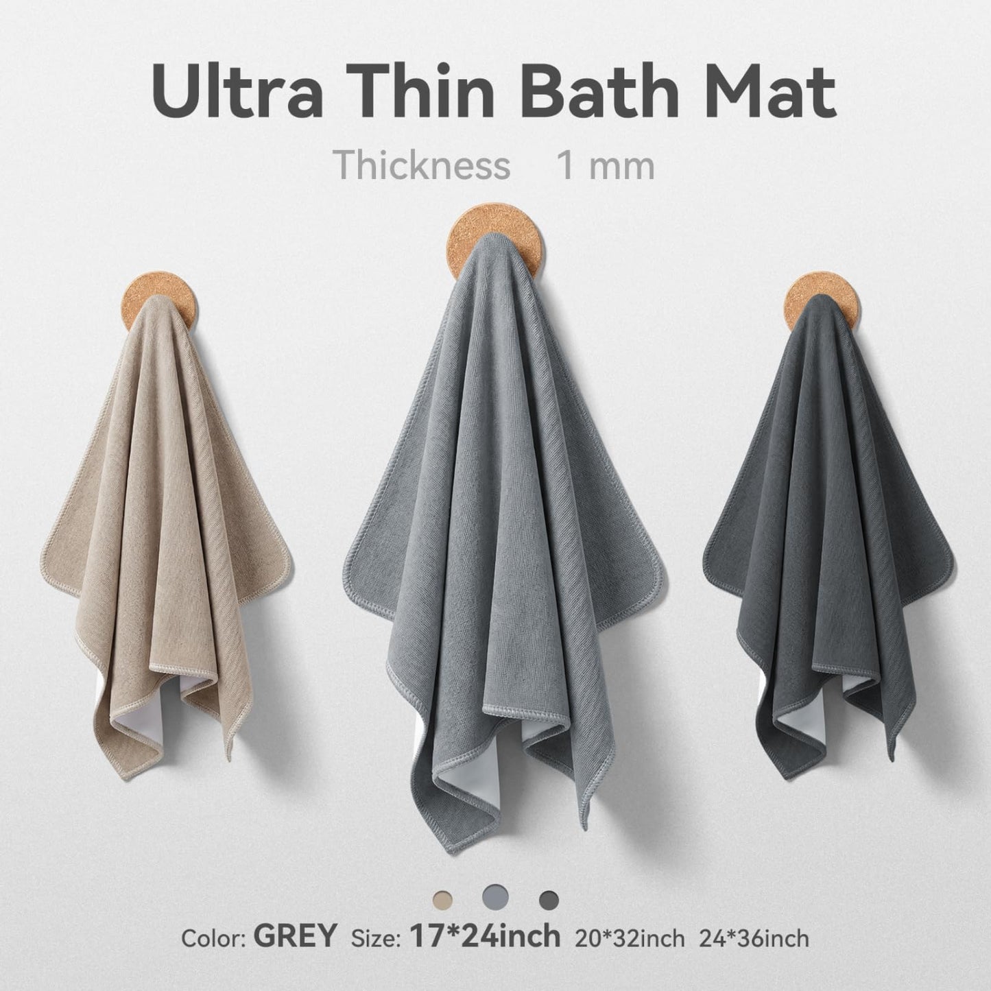 MontVoo Ultra Thin Bath Mat, Super Absorbent Bathroom Mat, Quick Drying Bath Rugs for Bathroom, Machine Washable Non-Slip Bathroom Rug Front of Bathtub, RV, Shower Room, Sink, (17x24, Grey, 1Pack)
