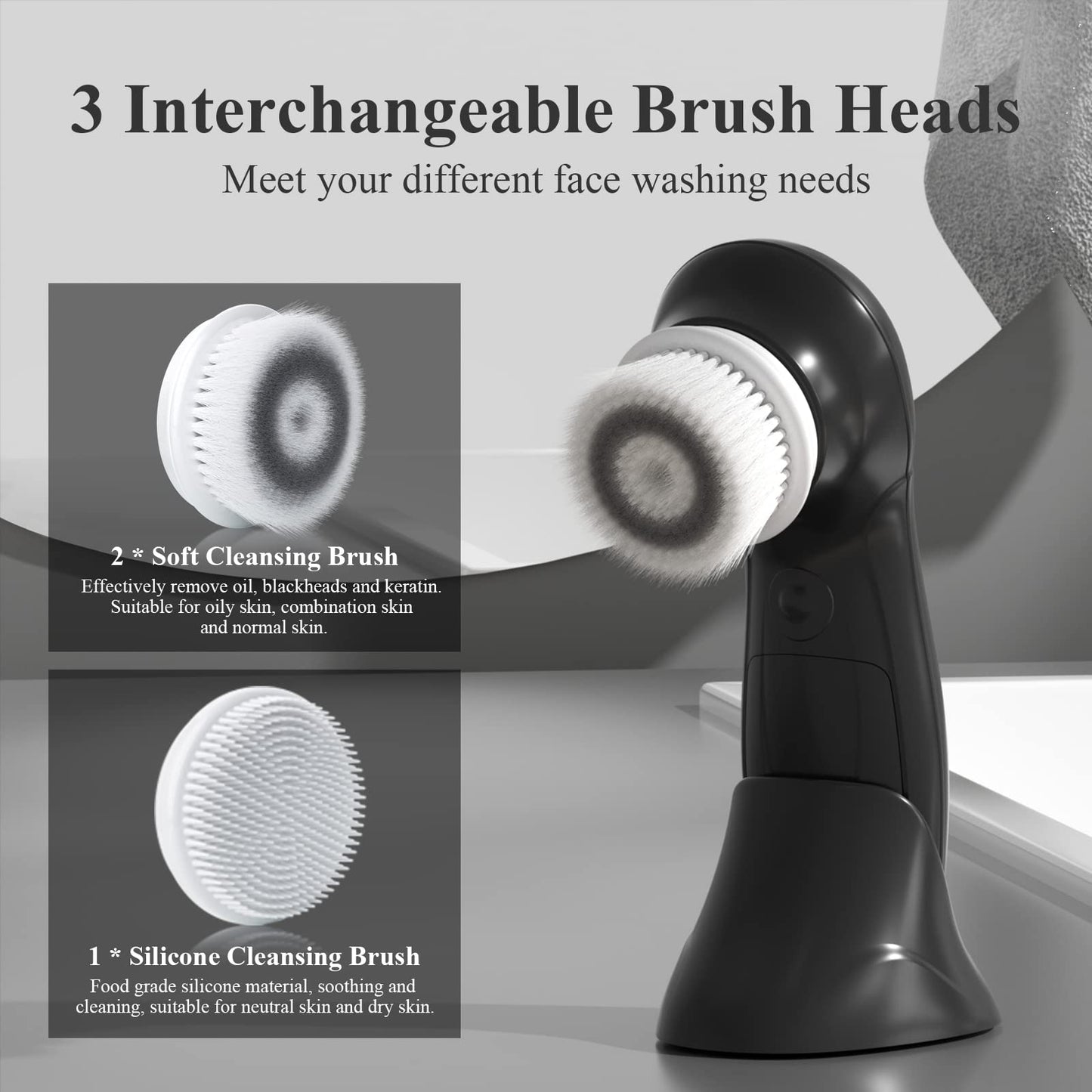 TOUCHBeauty Facial Cleansing Brush Electric, Face Cleansing Brush with Stand, 3 Brush Heads, 2 Speeds, IPX5 Waterproof, Battery-Powered, Suitable for All Skin Types, TB-0759D