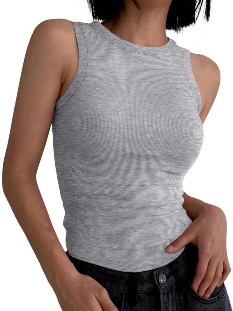 ANRABESS Womens Sleeveless High Neck Tank Tops Fashion Summer Casual Basic Slim Fit Ribbed Racerback Top Shirt Clothes Grey X-Small