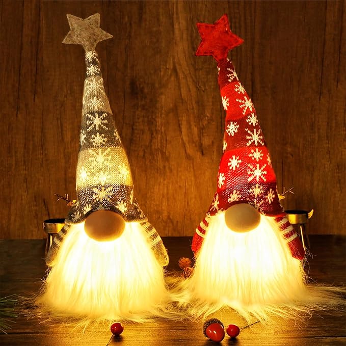Juegoal 15" Lighted Christmas Gnome, Handmade Plush Scandinavian Swedish Tomte, Light Up Elf Toy Holiday Present, Battery Operated Winter Tabletop Christmas Decorations, 2 Set