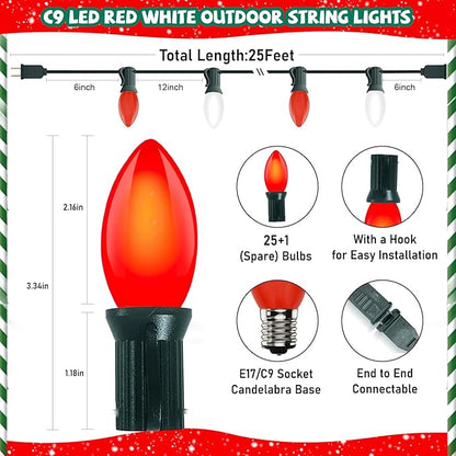 25FT Red and White LED Christmas Lights,LED Christmas Lights with 26 C9 Red White Shatterproof Plastic Bulbs,Connectable Red White String Light for Tree Roofline Indoor Outdoor Decor
