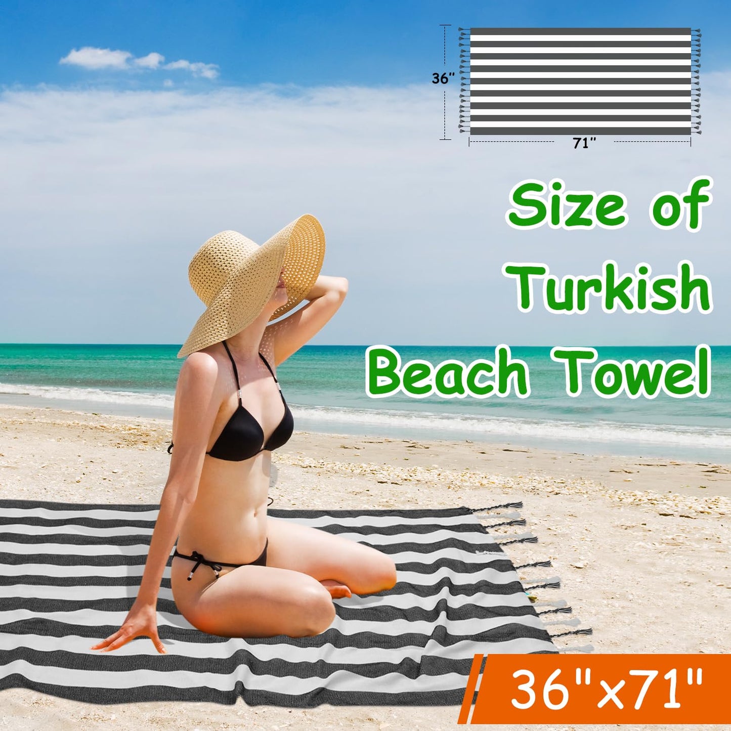 Kongdaoth Set of 6 Turkish Beach Towel, Cotton Beach Towels, 36 x 71 Inches Turkish Towel, Sand Free, Quick Dry, Lightweight Beach Towels for Adult Black