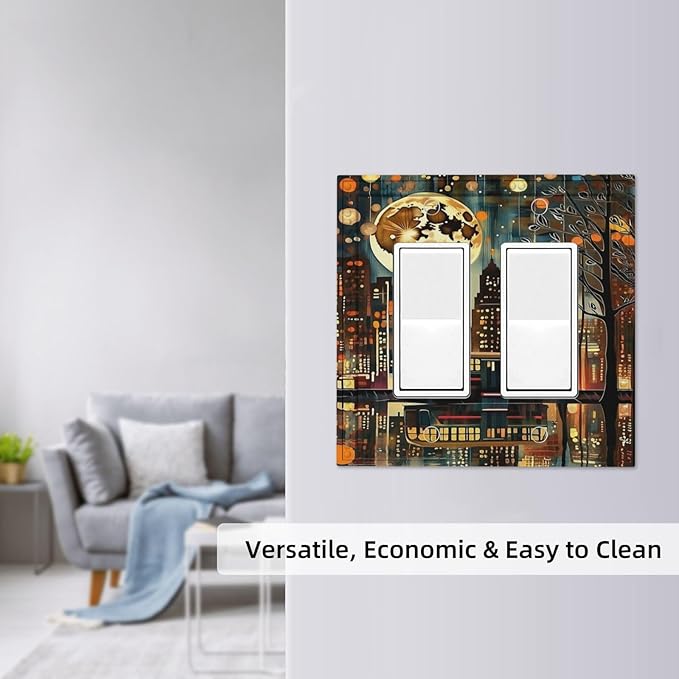 City Light Moon Bus Abstract Art Dual Outlet Covers Wall Plate 2 Gang Rocker Decora Decorative Switchplate Electrical Faceplate GFCI Light Switch Covers for Farmhouse Living Decor