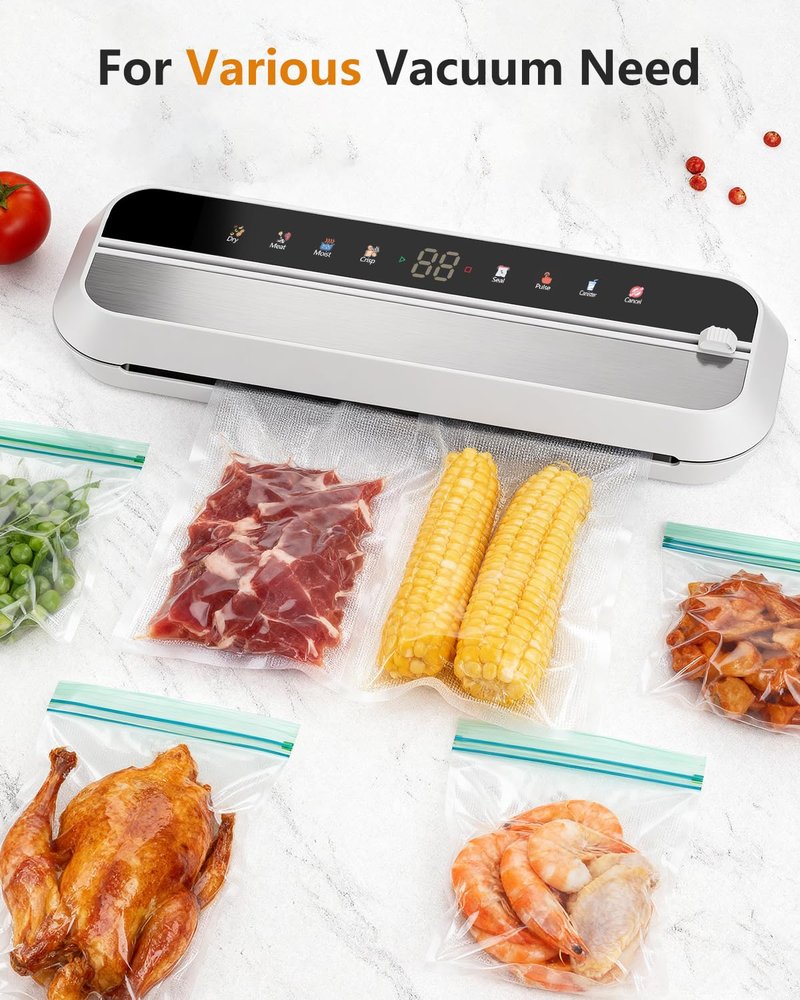 JIMYIU Vacuum Sealer, 8-in-1 Vacuum Sealer For Food, 100W, Digital Timer, Moist&Dry Mode and External VAC for Containers, Built-in Cutter & 10 Vacuum Bags （White）