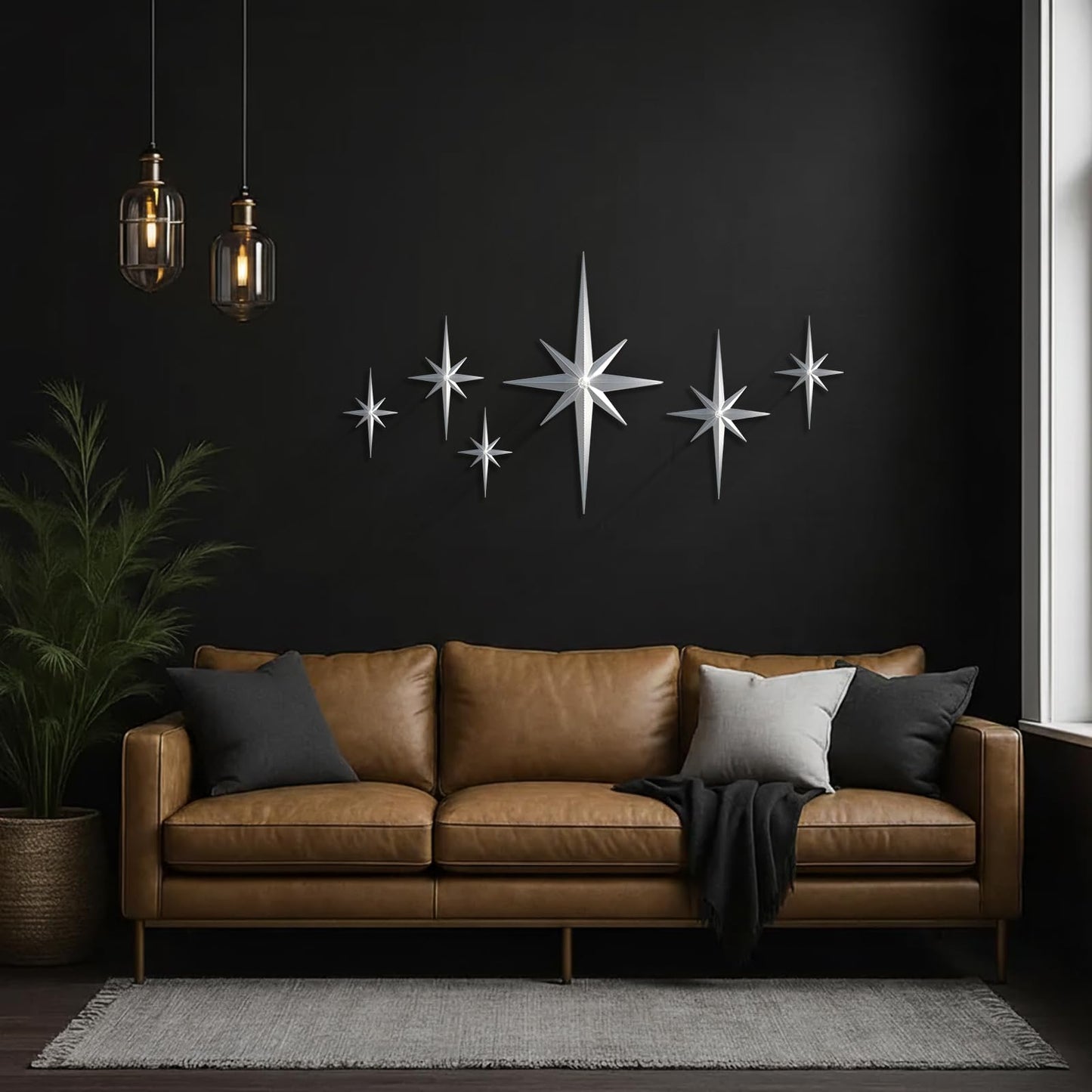 BreezeHug 6 Pcs Mid Century Modern Home Decor Star Art Wall Sculpture with Rhinestone Retro 3D Plastic Star Art Wall Sculpture Bling Diamonds Decor for Home Office Bedroom Entryway(Silver)