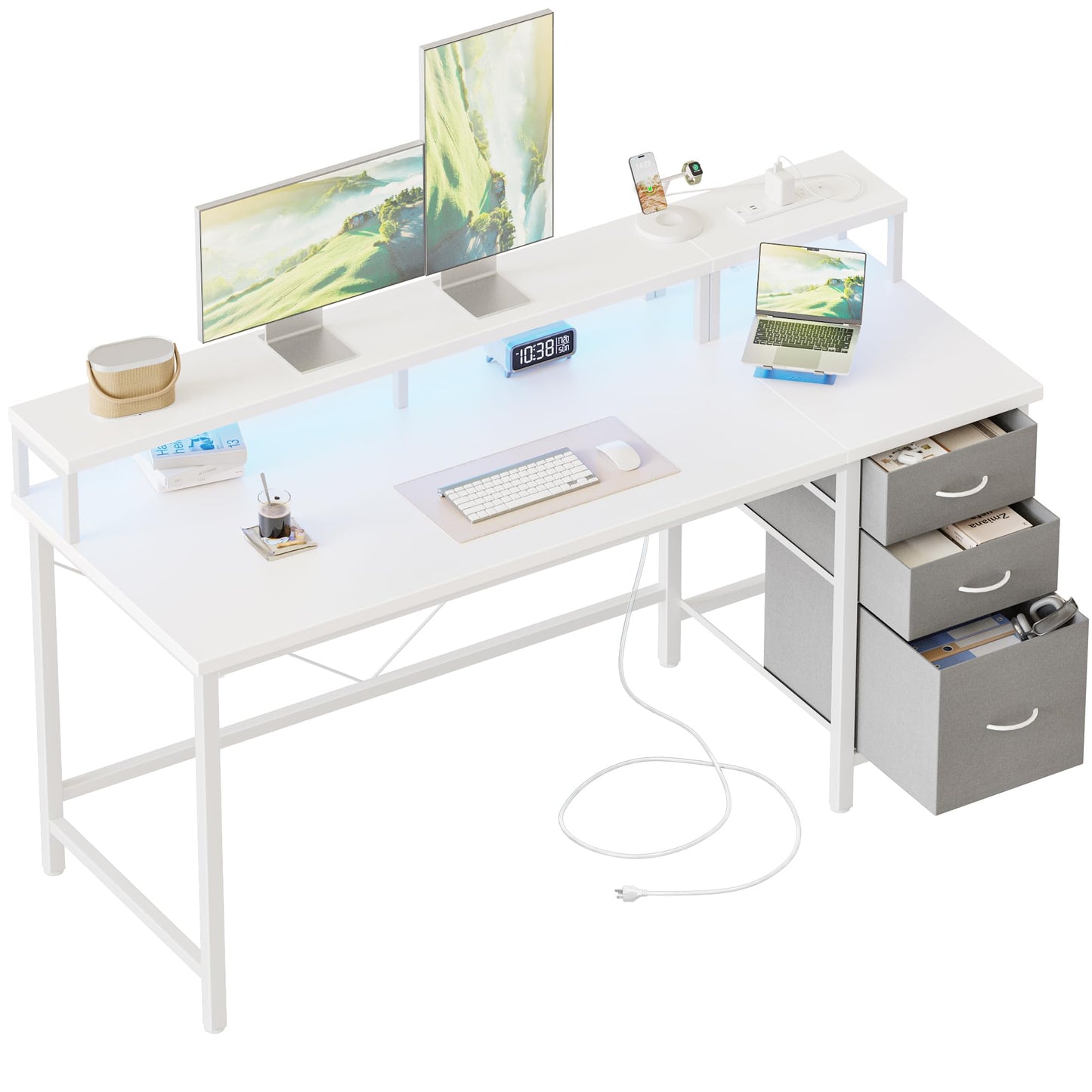 Mericonia Computer Desk 55 inch with Power Outlets & LED Lights, Gaming Desk with 3 Drawers for Home Office, Small Desk with Monitor Stand for Small Spaces, Study Writing Desk