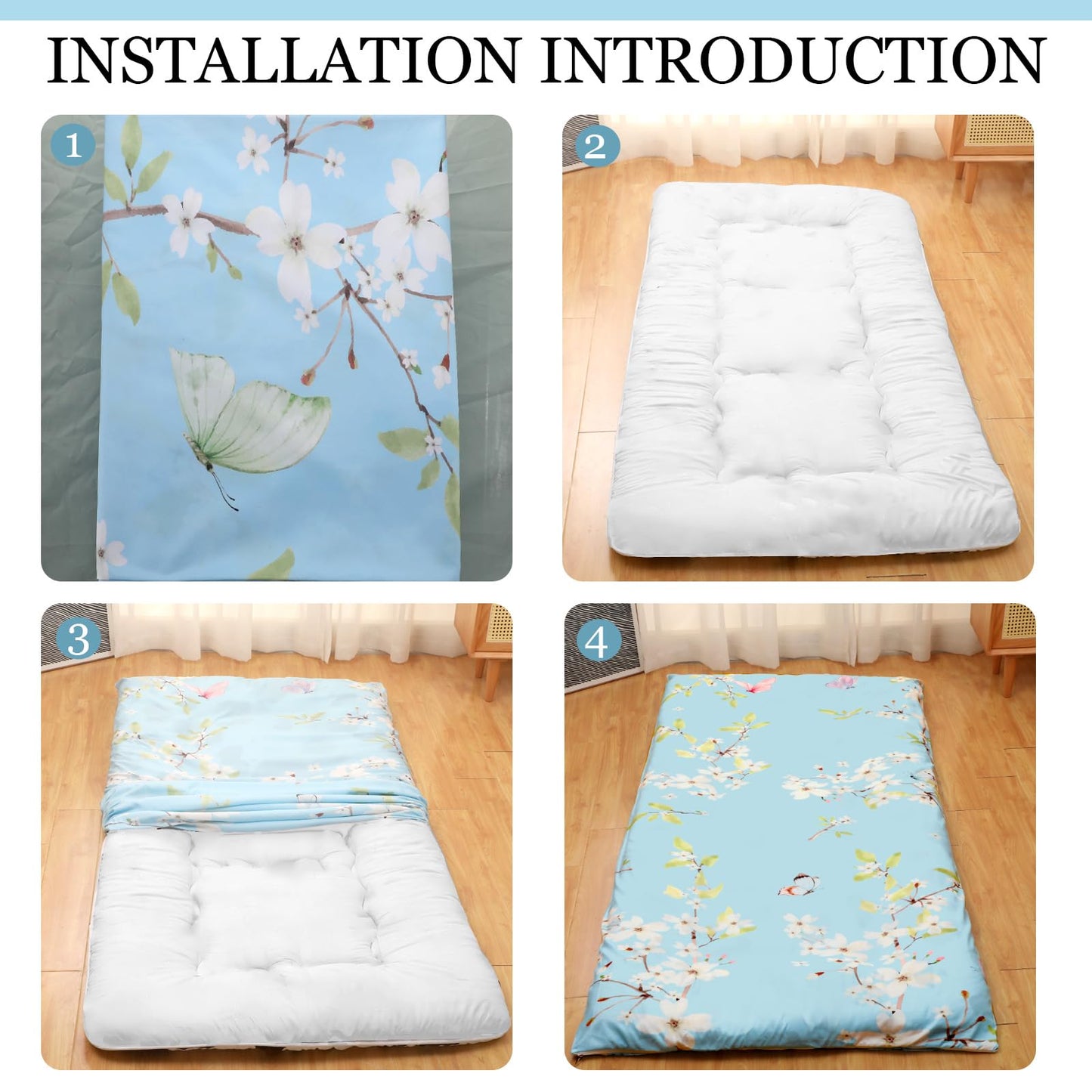 Preboun Futon Mattress Cover with Zipper 84 x 58/80 x 39 Japanese Floor Cushion Tatami Thai Korean Sleep Mats Protector Cover Washable Skin Friendly Without Futon(Flower,Twin Size,Blue)