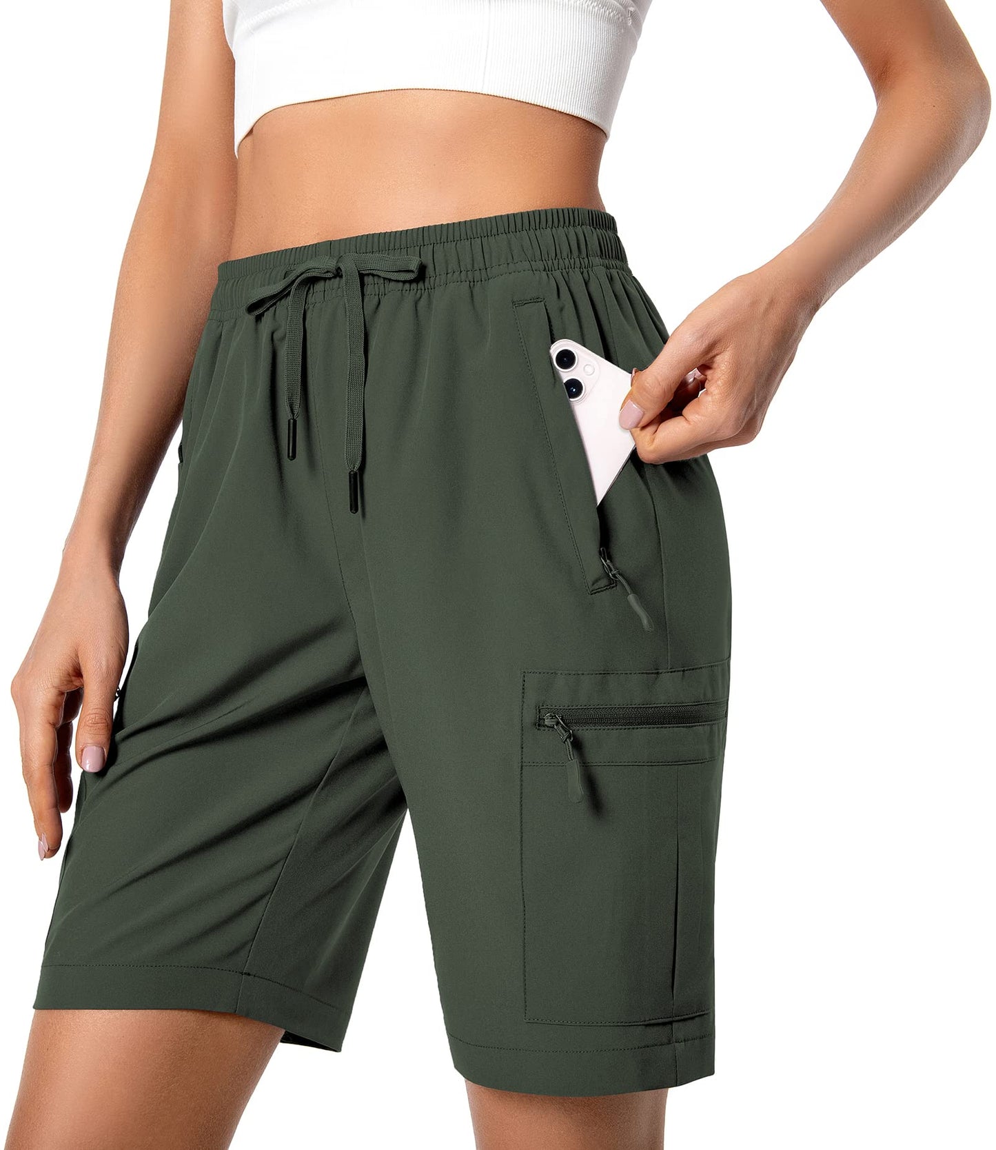 Hugut Women's Lightweight Hiking Cargo Shorts Quick Dry Athletic Shorts Camping Travel Golf Zipper Pockets Water Resistant Army Green